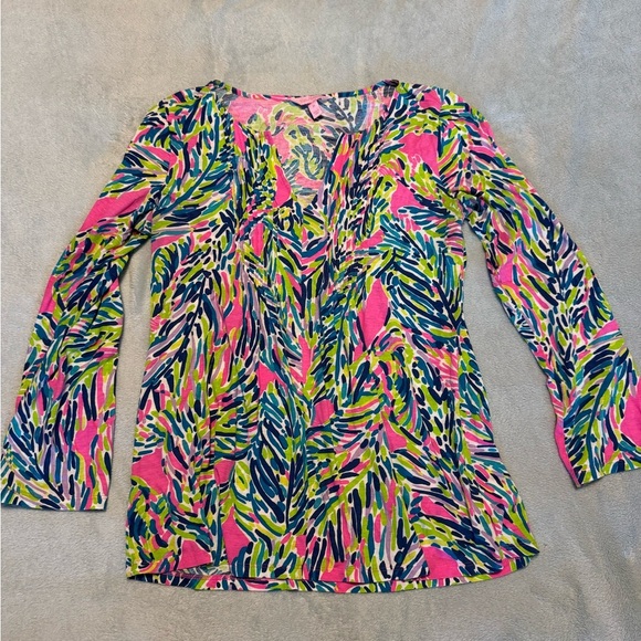 Lilly Pulitzer Top Women's Pink Blue Green Braylen Roll Tab Sleeve - Picture 2 of 11